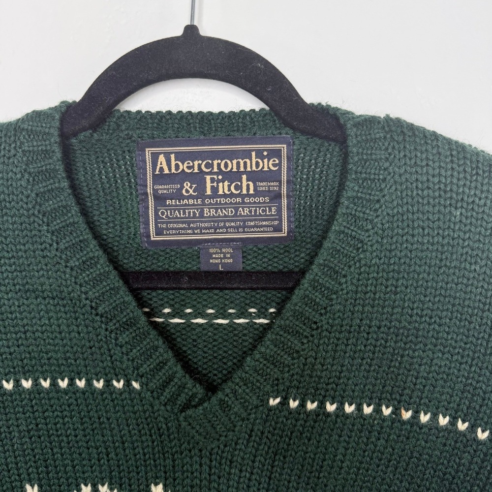 Vintage Abercrombie & Fitch Wool Sweater Green Fair Isle Nordic Ski Snowflake L - Picture 4 of 11